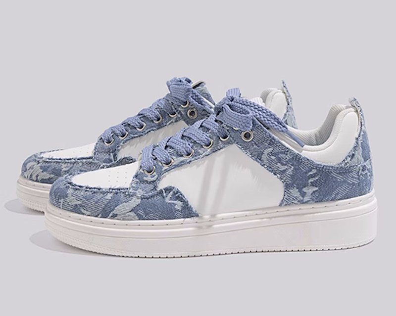 画像4: Unisex Distressed denim & leather Lace Up Sneakers  Shoes  ユニセックス 男女兼用ダメージデニム＆レザーレースアップスニーカー (4)