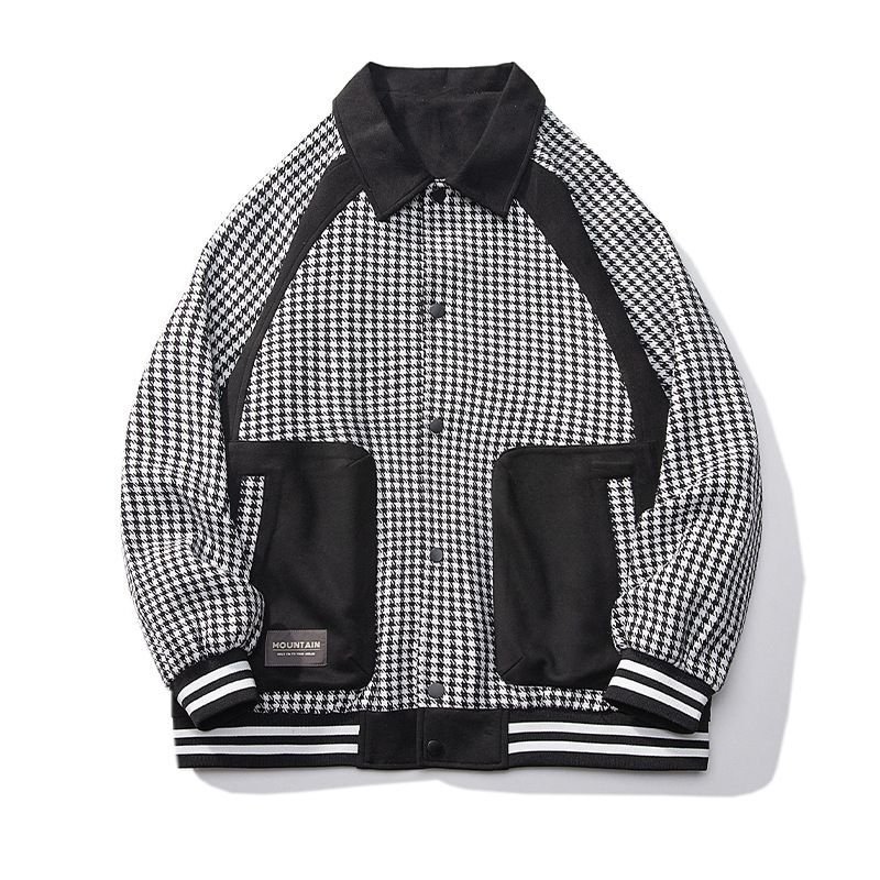 画像10:  houndstooth oversized jacket blouson  ユニセックス 男女兼用千鳥格子ジャケットウインドブレーカースタジアムジャンパー スタジャン ボンバー ジャケット ブルゾン (10)
