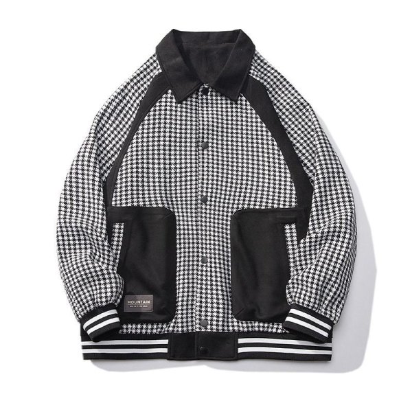 画像1:  houndstooth oversized jacket blouson  ユニセックス 男女兼用千鳥格子ジャケットウインドブレーカースタジアムジャンパー スタジャン ボンバー ジャケット ブルゾン (1)