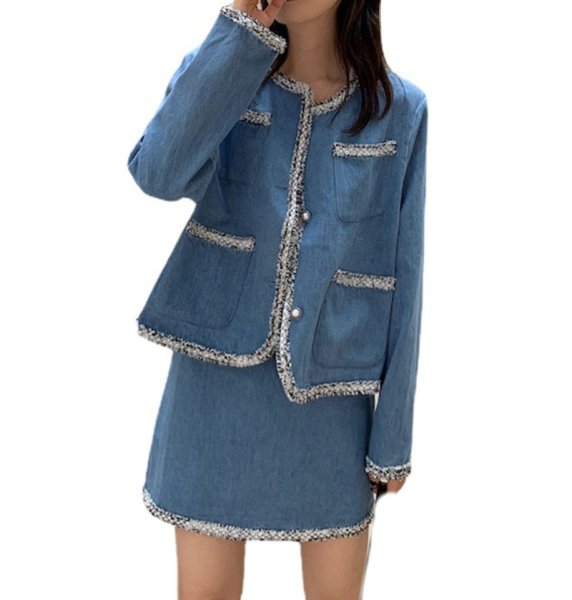 画像1: trimming piping denim jackets & skirts set up　トリミングパイピング デニムジャケット＆スカート セットアップ (1)