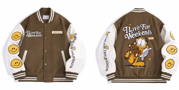 画像1: garfield & bear＆smile embroidery baseball jacket stadium jacket baseball uniform jacket blouson  ユニセックス 男女兼用ガーフィールド＆ベア＆スマイル刺繍スタジアムジャンパー スタジャン MA-1 ボンバー ジャケット ブルゾン (1)