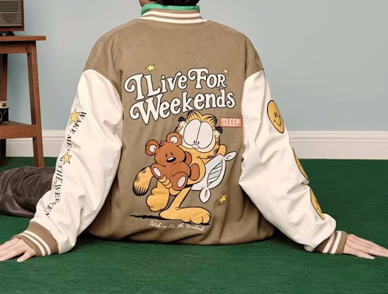 画像5: garfield & bear＆smile embroidery baseball jacket stadium jacket baseball uniform jacket blouson  ユニセックス 男女兼用ガーフィールド＆ベア＆スマイル刺繍スタジアムジャンパー スタジャン MA-1 ボンバー ジャケット ブルゾン (5)