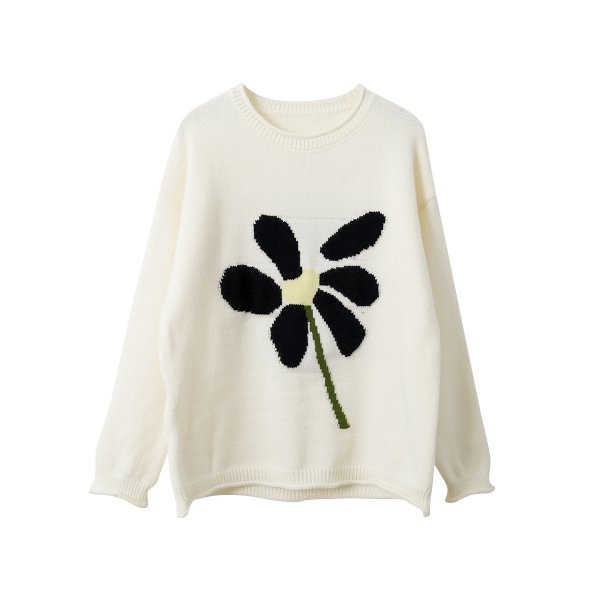画像1: floral flower  round neck pullover sweater　ユニセックス男女兼用フラワー フローラル編み込みラウンドネックプルオーバーセーター (1)