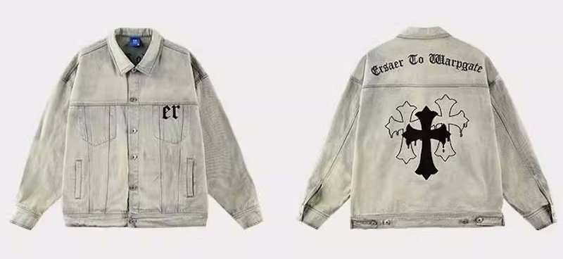 画像3: cross retro lapel denim jacket G Jean baseball jacket stadium jacket baseball uniform jacket blouson  ユニセックス 男女兼用雨だれクロスプリントGジャン ジャケットスタジアムジャンパー スタジャン MA-1 ボンバー ジャケット ブルゾン (3)