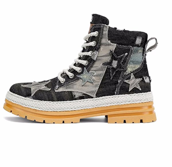 画像1: Men's Distressed denim & star high-cut lace-up sneaker boots　ユニセックス男女兼用ダメージデニム＆スターハイカットレースアップスニーカーブーツマーティンブーツ (1)