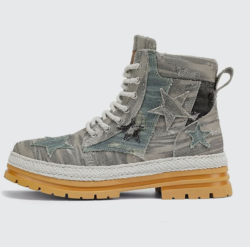 画像3: Men's Distressed denim & star high-cut lace-up sneaker boots　ユニセックス男女兼用ダメージデニム＆スターハイカットレースアップスニーカーブーツマーティンブーツ (3)