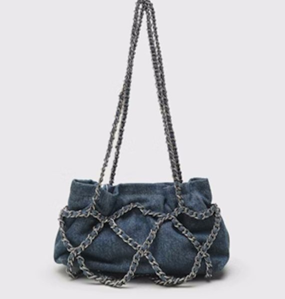 画像1: chain denim shoulder bag Handbag tote bag　ユニセックス男女兼用デニム&チェーンショルダークロスボディートートバッグ (1)