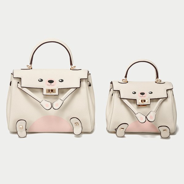 画像1: Real Leather Cute Bear tote Shoulder Crossbody Bag Kelly style Hand Bag with strap リアルレザー 本革 本皮 ベア熊 ケリースタイル ハンドバッグ ショルダーストラップ付 (1)