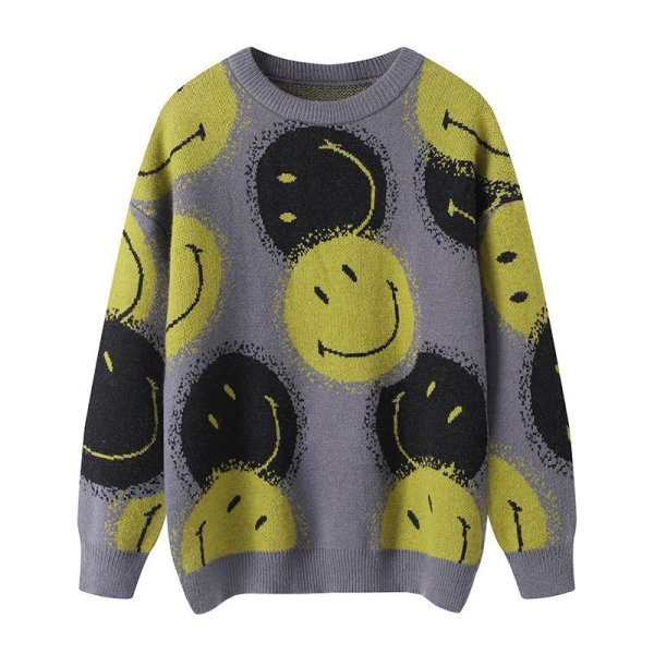 画像1: smile knitted oversized sweater round neck pullover 　ユニセックス男女兼用スマイル編み込みオーバーサイズセーターラウンドネックプルオーバーセーター (1)