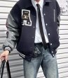 画像4: stand-up collar PU leather sleeves baseball Jacke  stadium jacket baseball uniform jacket blouson  ユニセックス 男女兼用アルファベットロゴ刺繍 スタジアムジャンパー スタジャン MA-1 ボンバー ジャケット ブルゾン (4)