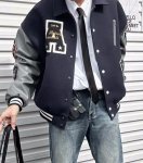 画像4: stand-up collar PU leather sleeves baseball Jacke  stadium jacket baseball uniform jacket blouson  ユニセックス 男女兼用アルファベットロゴ刺繍 スタジアムジャンパー スタジャン MA-1 ボンバー ジャケット ブルゾン (4)