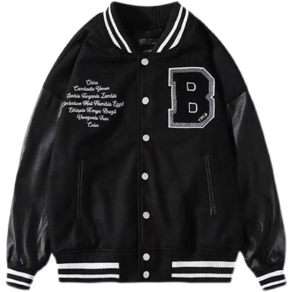画像1: big B embroiderycollar PU leather sleeves baseball Jacke  stadium jacket baseball uniform jacket blouson  ユニセックス 男女兼用ビッグB刺繍 スタジアムジャンパー スタジャン MA-1 ボンバー ジャケット ブルゾン (1)