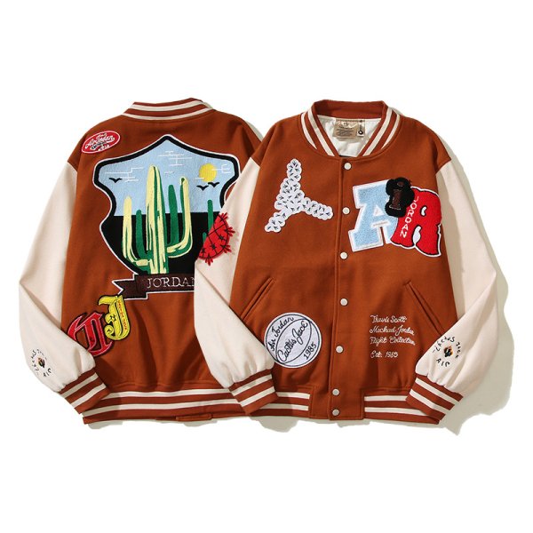 画像1: Travis Scott splicing contrasting color embroidered patch baseball Jacke  stadium jacket baseball uniform jacket blouson  ユニセックス 男女兼用カクタス サボテン刺繍 スタジアムジャンパー スタジャン MA-1 ボンバー ジャケット ブルゾン (1)