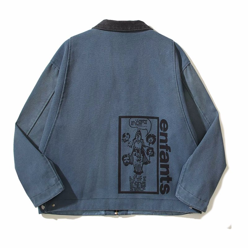 画像3: street lapel top old frayed printed denim short cleanfit work jacket  stadium jacket blouson  ユニセックス 男女兼用デニムポップ&レターロゴジャンパー スタジャンブルゾン (3)