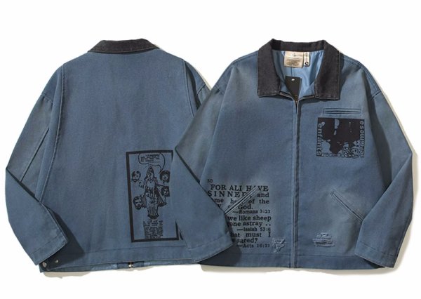 画像1: street lapel top old frayed printed denim short cleanfit work jacket  stadium jacket blouson  ユニセックス 男女兼用デニムポップ＆レターロゴジャンパー スタジャンブルゾン (1)