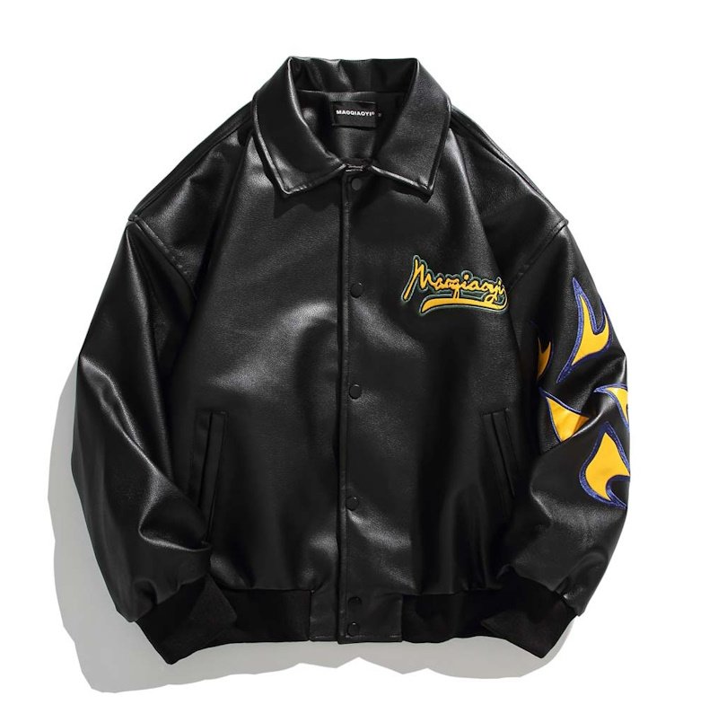 画像3: sunset Xishan motorcycle PU leather  jacketstadium jacket baseball uniform jacket blouson  ユニセックス 男女兼用サンセットバイカー刺繍レザージャケットスタジアムジャンパー スタジャン MA-1 ボンバー ジャケット ブルゾン (3)