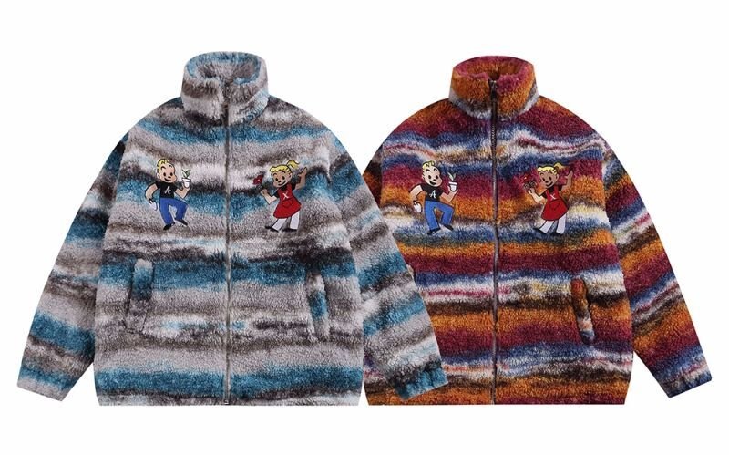 画像5: tie-dye gradient striped lamb plush quilted jacket  stadium jacket baseball uniform jacket blouson  ユニセックス 男女兼用ボーイ&ガール刺繍ファーボーダージップアップジャケットスタジアムジャンパー スタジャン MA-1 ボンバー ジャケット ブルゾン (5)