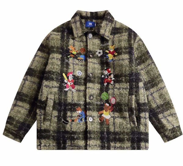 画像1: cartoon embroidered plaid woolen jacket stadium jacket baseball uniform jacket blouson  ユニセックス 男女兼用アニマル刺繍チェックジャケットスタジアムジャンパー スタジャン MA-1 ボンバー ジャケット ブルゾン (1)