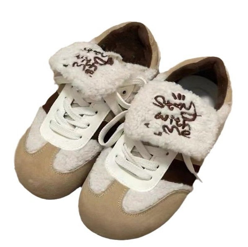 画像1:  Women's plush puff  Lace-up Sneakers  パフシューズモコモコファーレースアップスニーカーシューズ (1)