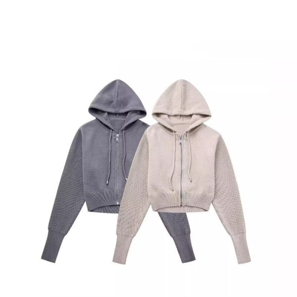 画像1: Women's Simple Knit Zip Up Hoodie Hoody レディース　シンプルデザイン　ニット　ジップアップ　パーカー　フーディ (1)