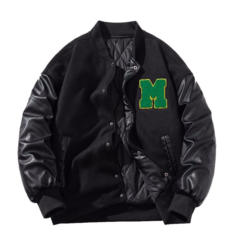 画像2: M logo leather sleeve embroidered baseball jacket stadium jacket baseball uniform jacket blouson  ユニセックス 男女兼用Mロゴレザースリーブ刺繍スタジアムジャンパー スタジャン MA-1 ボンバー ジャケット ブルゾン (2)