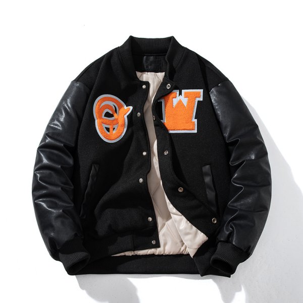 画像1: QW logo embroidery leather sleeve embroidered baseball jacket stadium jacket baseball uniform jacket blouson  ユニセックス 男女兼用QWロゴエンブレムレザースリーブ刺繍スタジアムジャンパー スタジャン MA-1 ボンバー ジャケット ブルゾン (1)