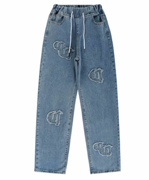 画像1: patch embroidered denim jeans Pant  ユニセックス 男女兼用 デニム刺繍エンブレムデニムジーンズ  パンツ  (1)