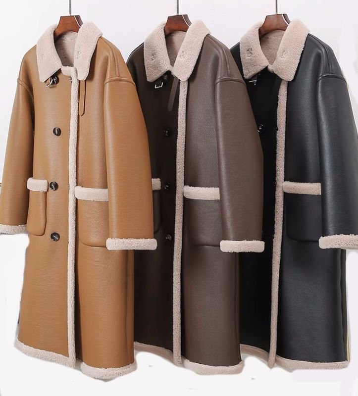 画像4: Women'sSheep Leather Composite Fur All-in-One Warm Motorcycle Style Particle Shearling Fur coats Jacket シープスキンスロングモーターサイクルファーコート  ジャケット (4)