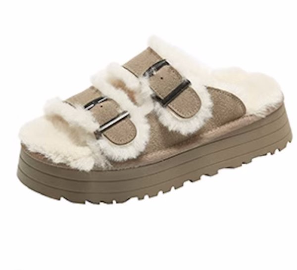 画像1: Thick-soled platform open toe  fur warm sandals 　レザー厚底プラットホームファーサンダル　スリッパ (1)