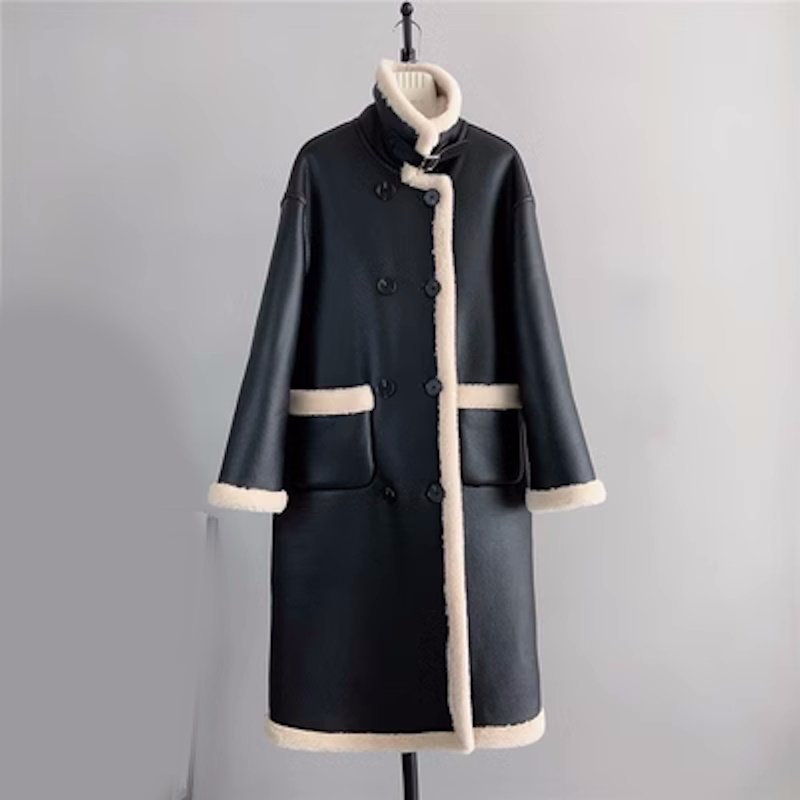 画像12: Women'sSheep Leather Composite Fur All-in-One Warm Motorcycle Style Particle Shearling Fur coats Jacket シープスキンスロングモーターサイクルファーコート  ジャケット (12)