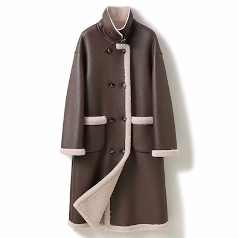 画像3: Women'sSheep Leather Composite Fur All-in-One Warm Motorcycle Style Particle Shearling Fur coats Jacket シープスキンスロングモーターサイクルファーコート  ジャケット (3)