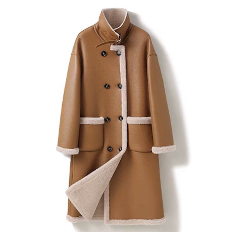 画像5: Women'sSheep Leather Composite Fur All-in-One Warm Motorcycle Style Particle Shearling Fur coats Jacket シープスキンスロングモーターサイクルファーコート  ジャケット (5)