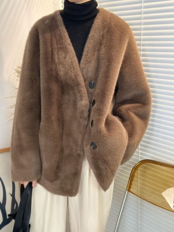 画像10: Women's imitation mink fur coat Jacket エコミンクファーVネックノーカラー ジャケット (10)