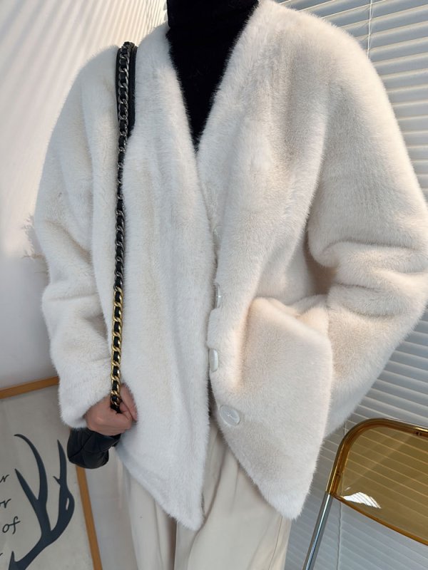 画像16: Women's imitation mink fur coat Jacket エコミンクファーVネックノーカラー ジャケット (16)