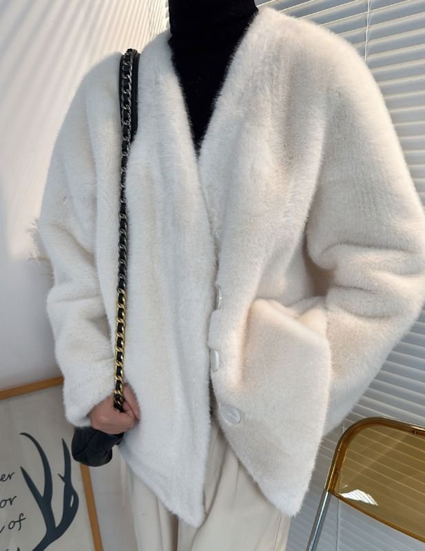 画像4: Women's imitation mink fur coat Jacket エコミンクファーVネックノーカラー ジャケット (4)