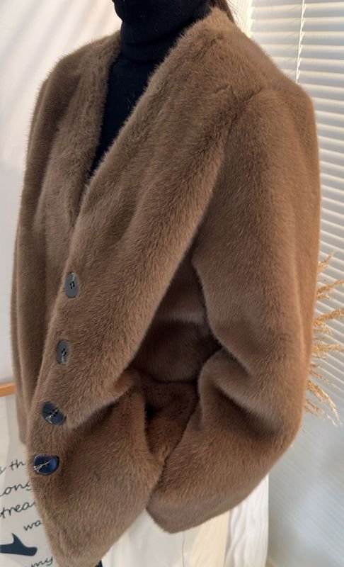 画像9: Women's imitation mink fur coat Jacket エコミンクファーVネックノーカラー ジャケット (9)