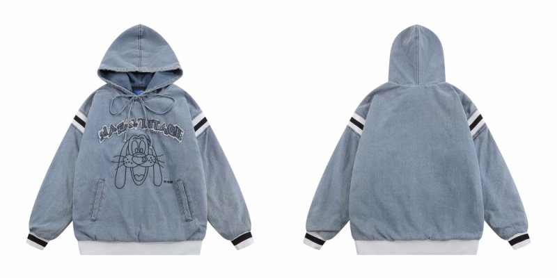 画像3: Women's Sylvester embroidery Washed and Aged Hooded Quilted Denim Pullover Jacket ルーニー・テューンズシルベスター刺繍フード付きキルティングデニムプルオーバージャケット (3)