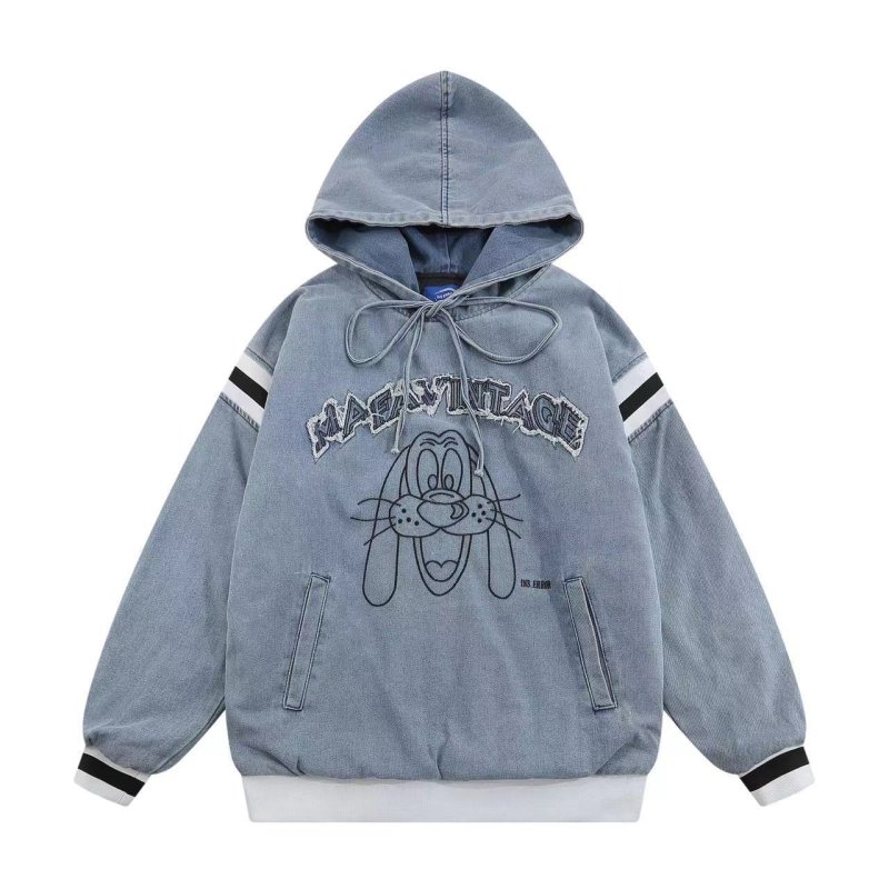 画像1: Women's Sylvester embroidery Washed and Aged Hooded Quilted Denim Pullover Jacket　ルーニー・テューンズシルベスター刺繍フード付きキルティングデニムプルオーバージャケット (1)