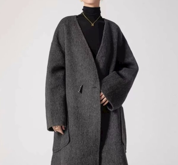 画像1: Women's cashmere mid-length V-neck coats Jacket　Vネックウールロングコート  ジャケット (1)