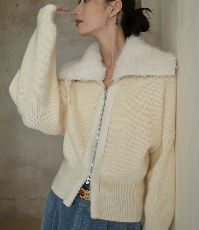 画像4: fur collar  zipper jacket cardigan sweater　ジップアップファーカラーカーディガンセーター (4)