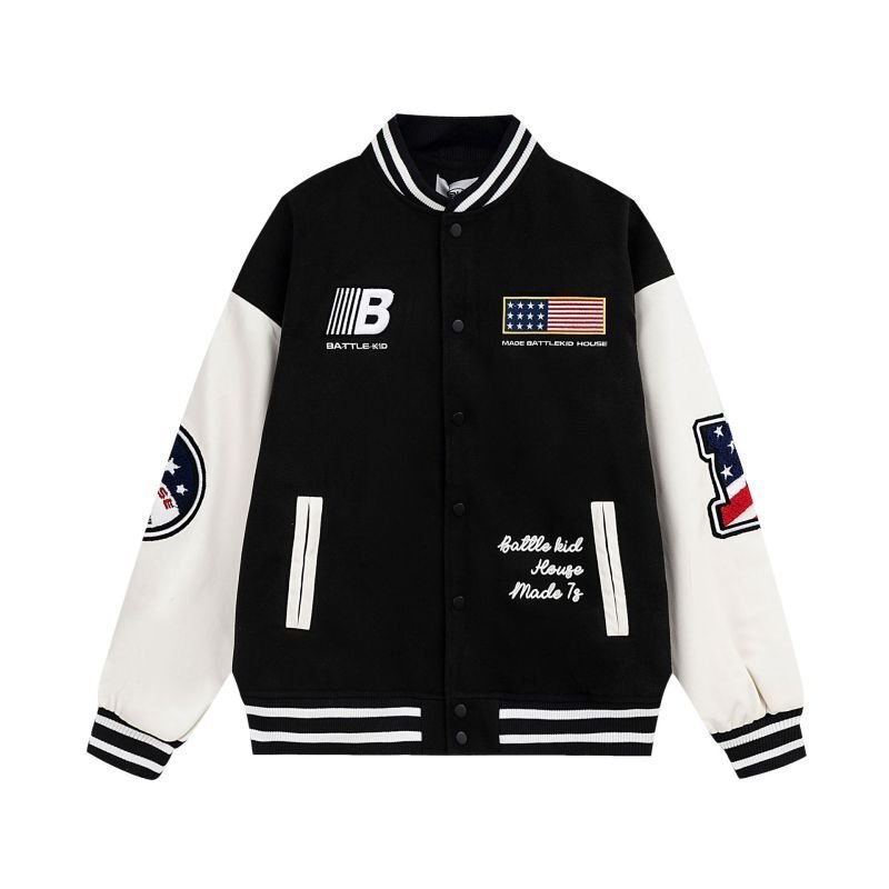 画像6:  flag patch embroidered leather sleeves baseball uniformbaseball jacket stadium jacket   blouson  ユニセックス 男女兼用フラッグ国旗刺繍レザースリーブスタジアムジャンパー スタジャン MA-1 ボンバー ジャケット ブルゾン (6)