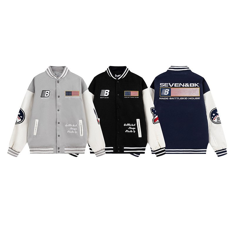 画像7:  flag patch embroidered leather sleeves baseball uniformbaseball jacket stadium jacket   blouson  ユニセックス 男女兼用フラッグ国旗刺繍レザースリーブスタジアムジャンパー スタジャン MA-1 ボンバー ジャケット ブルゾン (7)