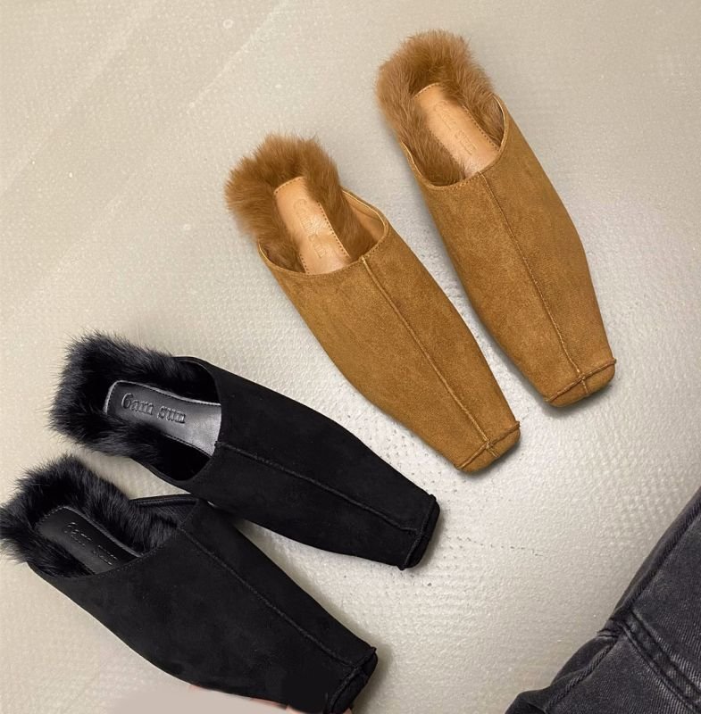 画像4: furry square toe deep mouth suede fur warm sandals 　スクエアトゥスエードフラットファーサンダル　スリッパ (4)