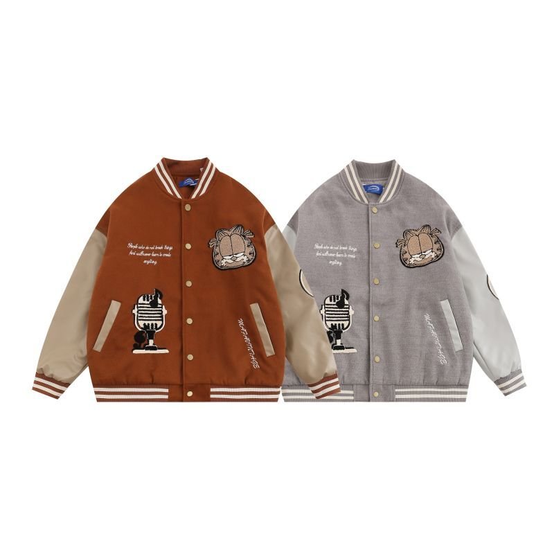 画像5: Garfield embroidery leather sleeves baseball uniformbaseball jacket stadium jacket   blouson  ユニセックス 男女兼用ガーフィールド刺繍レザースリーブスタジアムジャンパー スタジャン MA-1 ボンバー ジャケット ブルゾン (5)