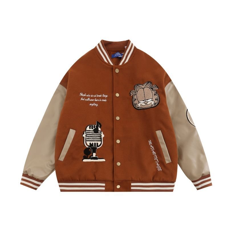 画像3: Garfield embroidery leather sleeves baseball uniformbaseball jacket stadium jacket   blouson  ユニセックス 男女兼用ガーフィールド刺繍レザースリーブスタジアムジャンパー スタジャン MA-1 ボンバー ジャケット ブルゾン (3)