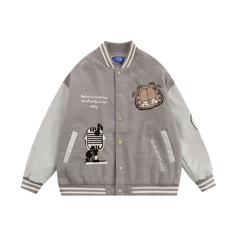 画像1: garfield embroidery leather sleeves baseball uniformbaseball jacket stadium jacket   blouson  ユニセックス 男女兼用ガーフィールド刺繍レザースリーブスタジアムジャンパー スタジャン MA-1 ボンバー ジャケット ブルゾン (1)