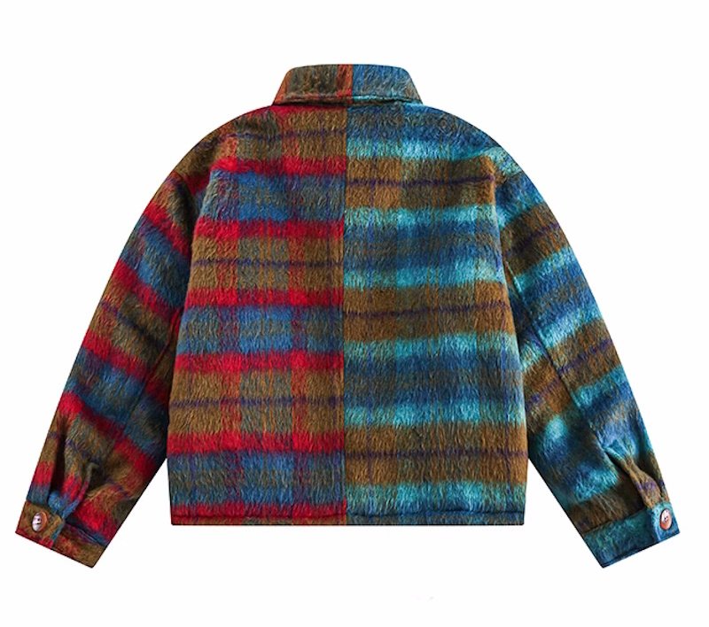 contrast color splicing plaid woolen jacket coat 男女兼用