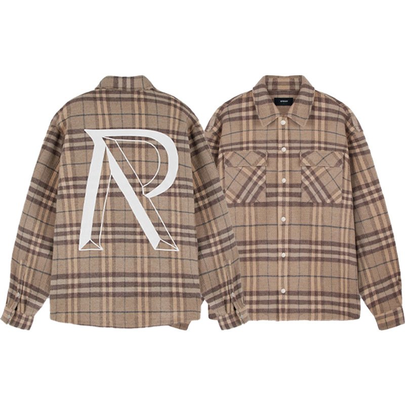 画像3: R printed long-sleeved plaid shirts jacket  blouson coat  ユニセックス 男女兼用R プリント長袖チェック柄シャツジャケット ブルゾン (3)