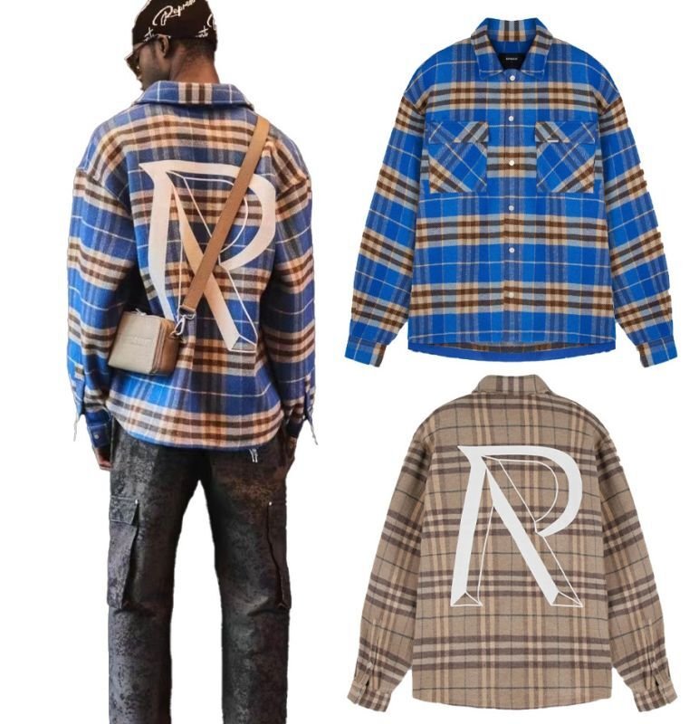 画像1: R printed long-sleeved plaid shirts jacket  blouson coat  ユニセックス 男女兼用R プリント長袖チェック柄シャツジャケット ブルゾン (1)