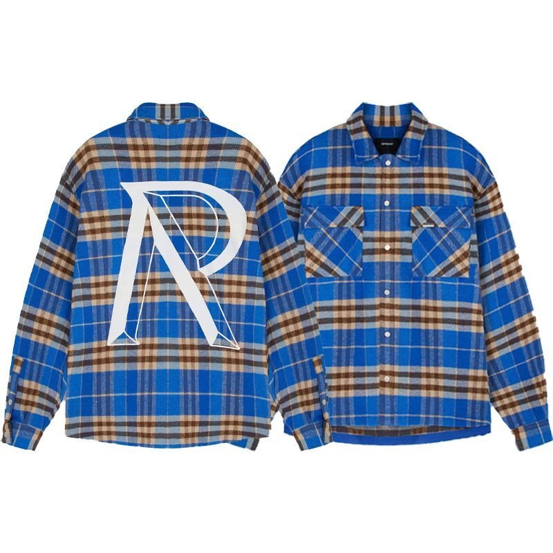 画像2: R printed long-sleeved plaid shirts jacket  blouson coat  ユニセックス 男女兼用R プリント長袖チェック柄シャツジャケット ブルゾン (2)